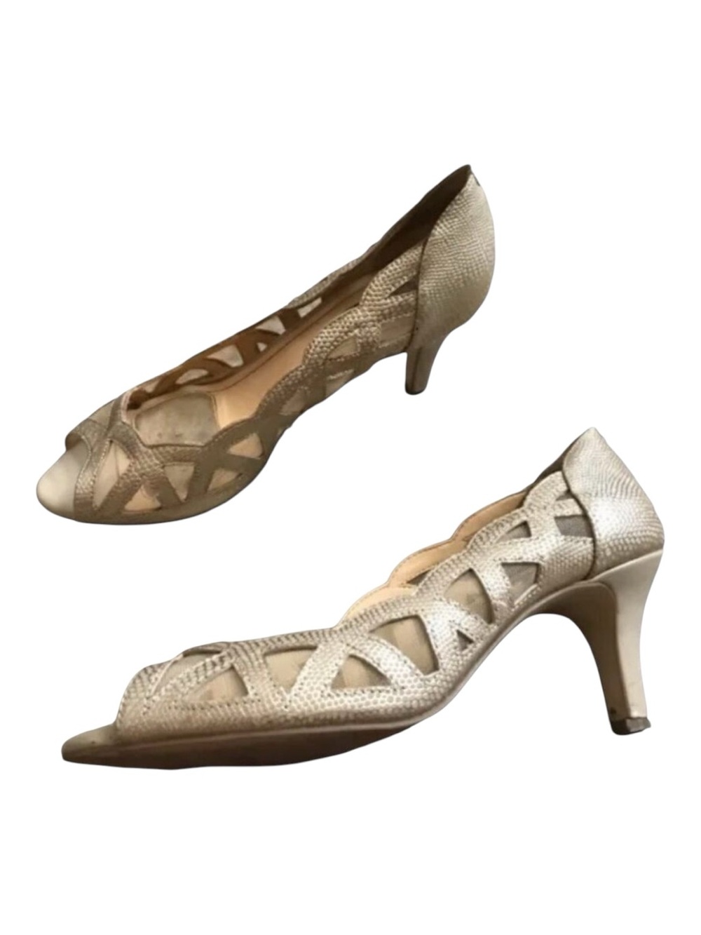 Alex Marie Gold Leather Pumps Womens 7.5 M Peep Toe Cutout Mesh High Heels
